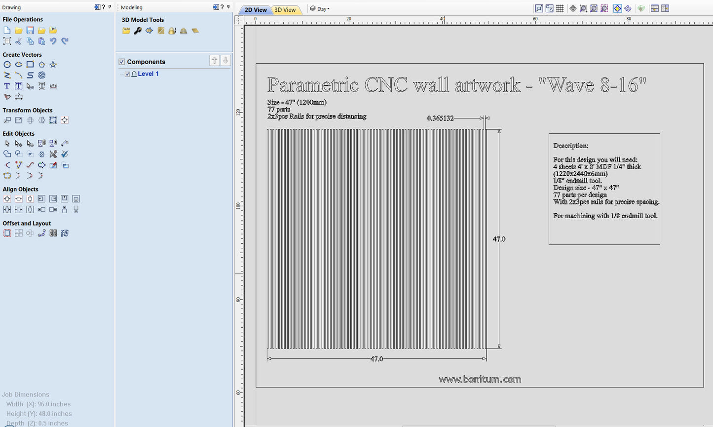 Parametric wallart CNC cutting file "Wave 8-16" and 3d relief - Bonitum CNC Model Studio